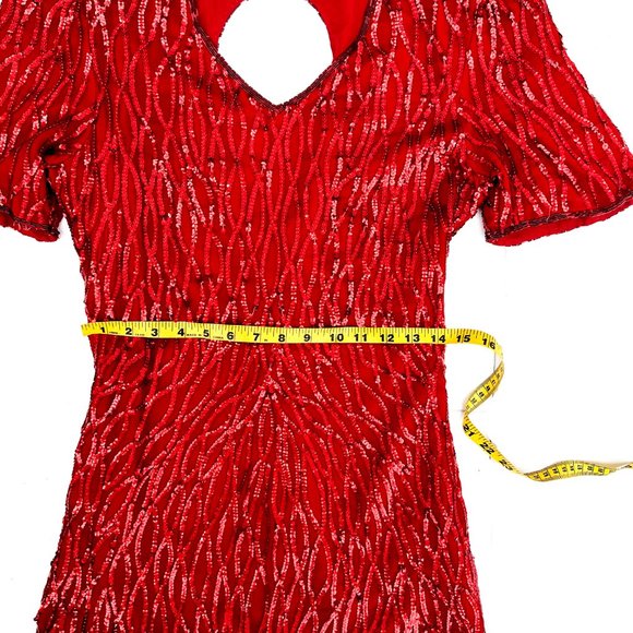 vintage red sequin dress v-neckline & back cutout 100% pure silk - Picture 3 of 7